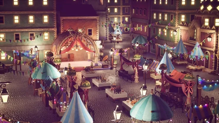 MapleStory Lacheln city with glowing lights and colorful buildings
