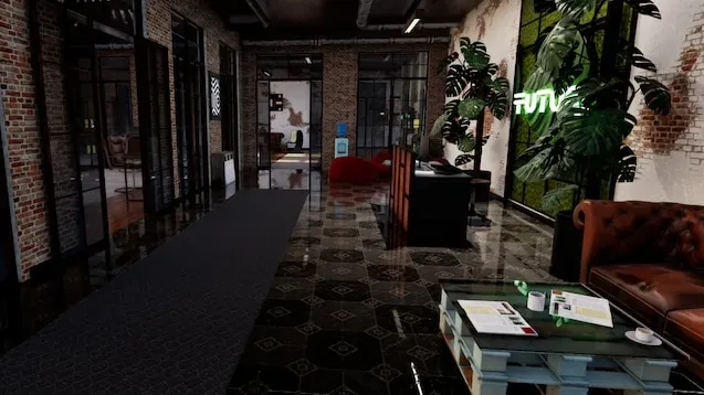 Meeting room office interior with desks, sofas, and decorations
