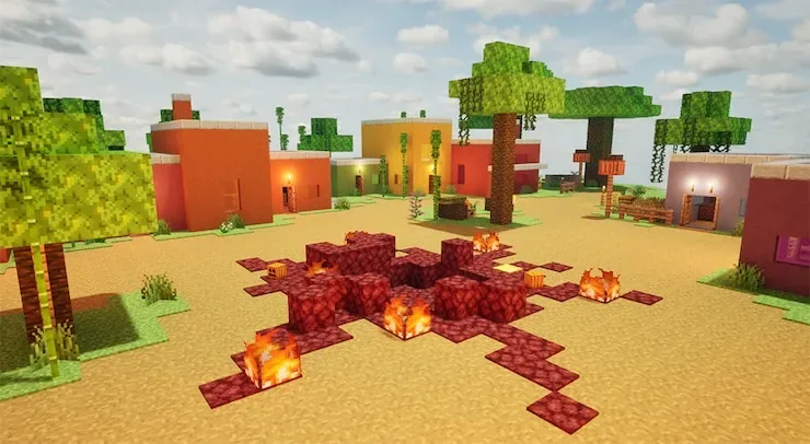 Minecraft-style village with blocky houses and diamond ore