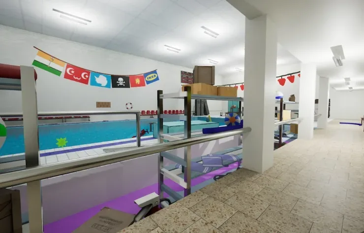 Indoor swimming pool with painted wall artwork and pool area