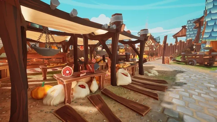 Dense marketplace with houses, sheds, produce stands, and narrow pathways