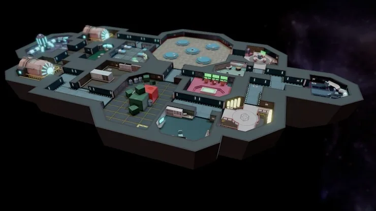 Among Us Skeld spaceship overview with engine room, medbay, cafeteria, and hallways