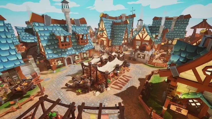 Medieval fantasy village with colorful cartoon-style houses